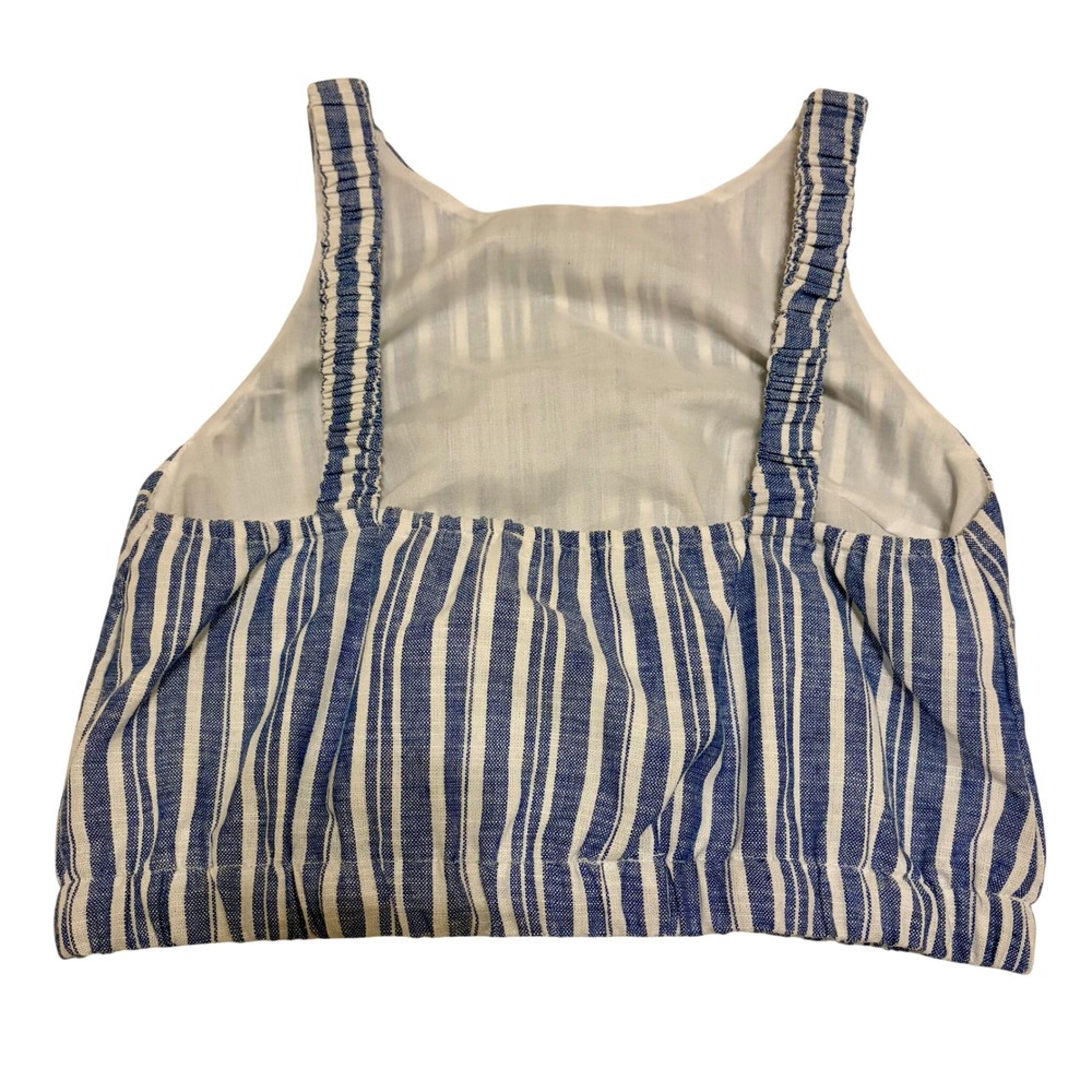 Blue & White Striped Cotton Linen Tie Front Crop Top Size Small Coastal - Picture 6 of 8
